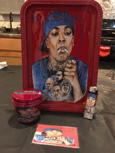 Load image into Gallery viewer, Rectangle nickel rolling try with red color. Photo of a man smoking  with the words you smokn my shit on tray. Matching stash jar, lighter, and scoop card included in this set. 
